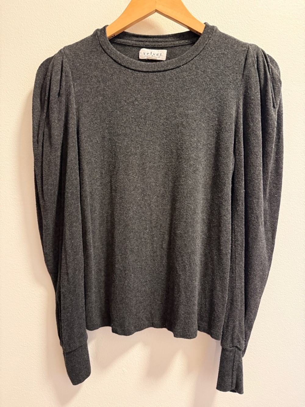 Velvet Charcoal Puff-Sleeve Crewneck Sweatshirt